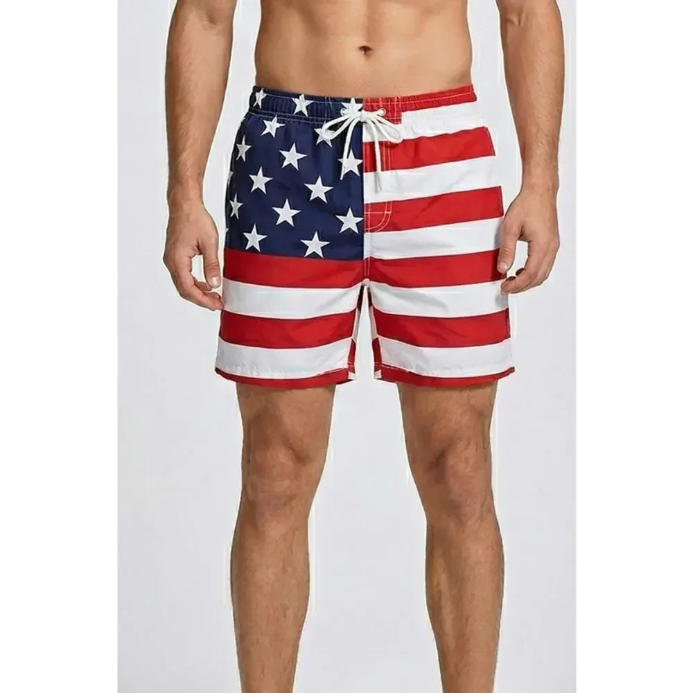 Faded Glory Mens XL 40-42 Red White Blue Swim Mesh Lined Swim Trunks